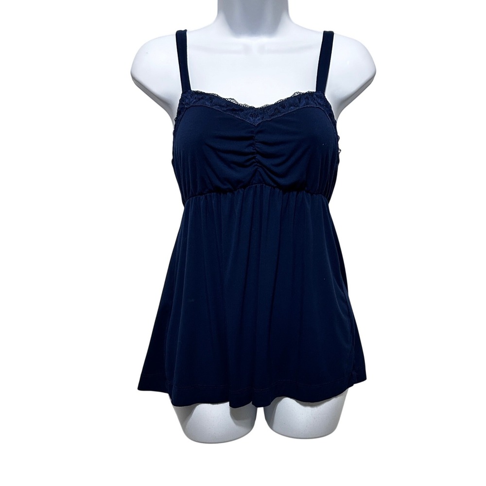 Soma Women Babydoll Longline‎ Cami M Navy Lace Trim Empire Waist Y2K Tank Top